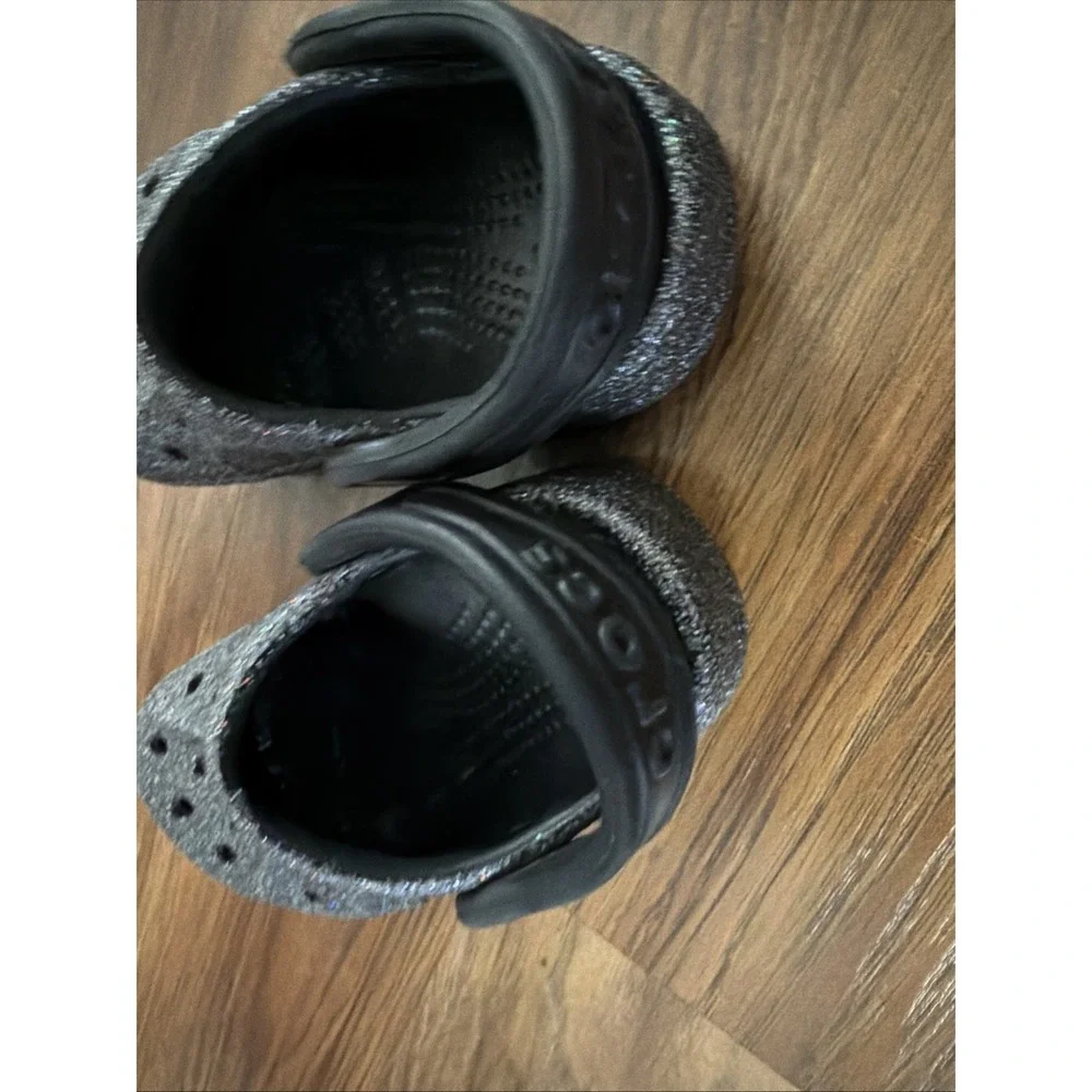 Crocs Baby Girls 4C Glitter Black Sparkles Slip On Clogs EUC